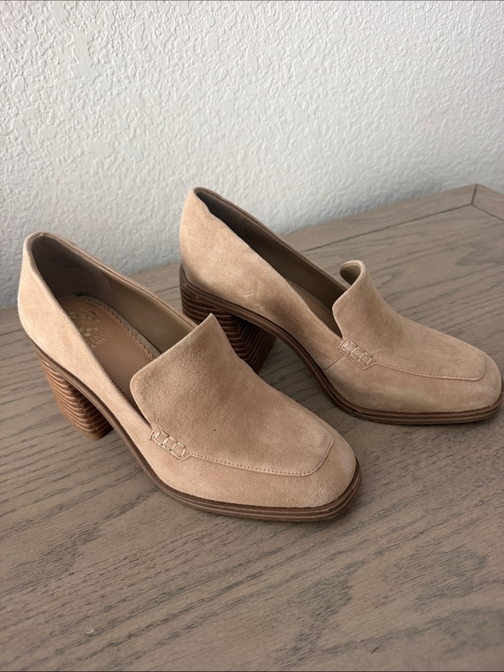 Vince Camuto Taupe Suede Stacked Heel Loafers